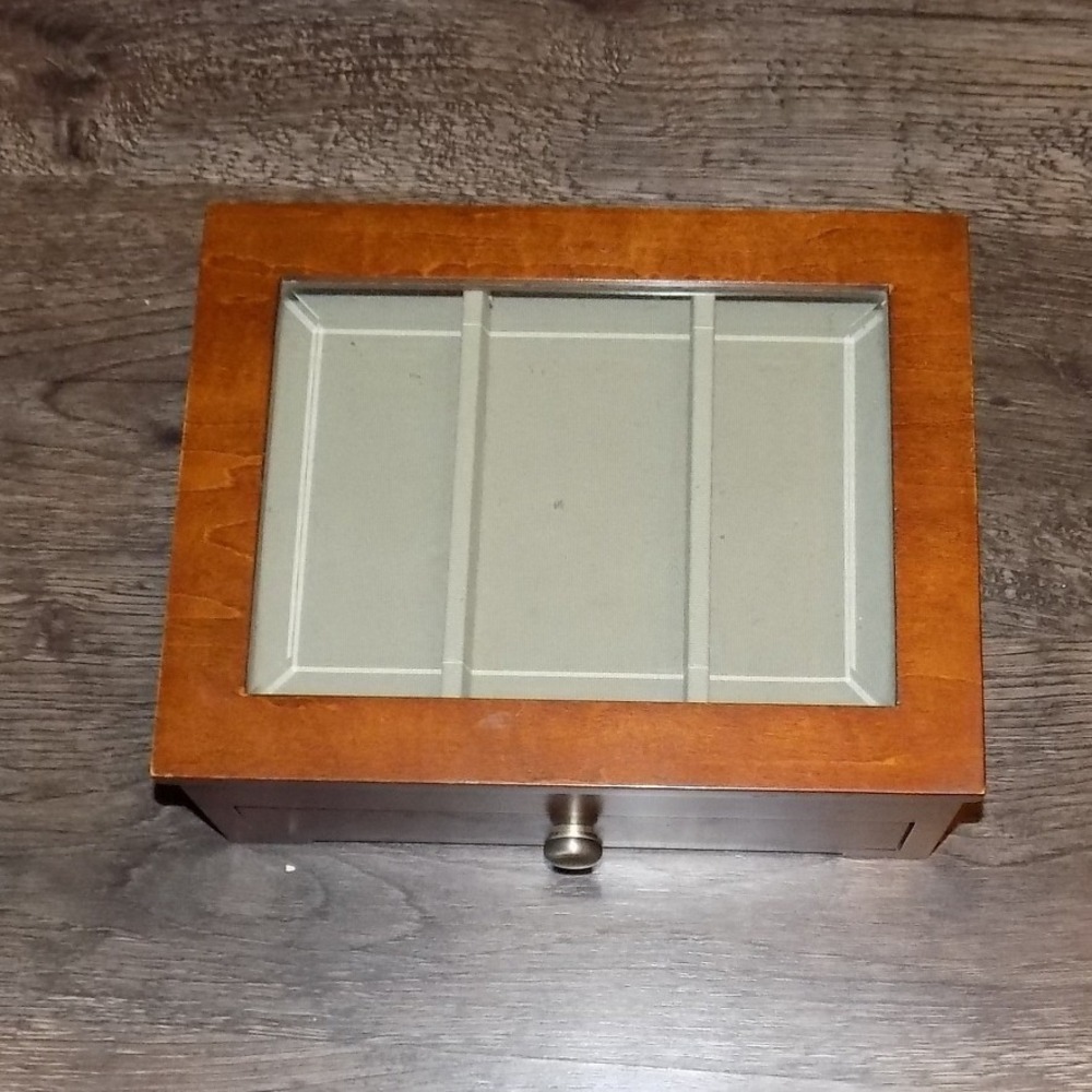Pottery Barn Jewelry Box Wood Glass Top Organizer Brown Good Ring Drawer Storage